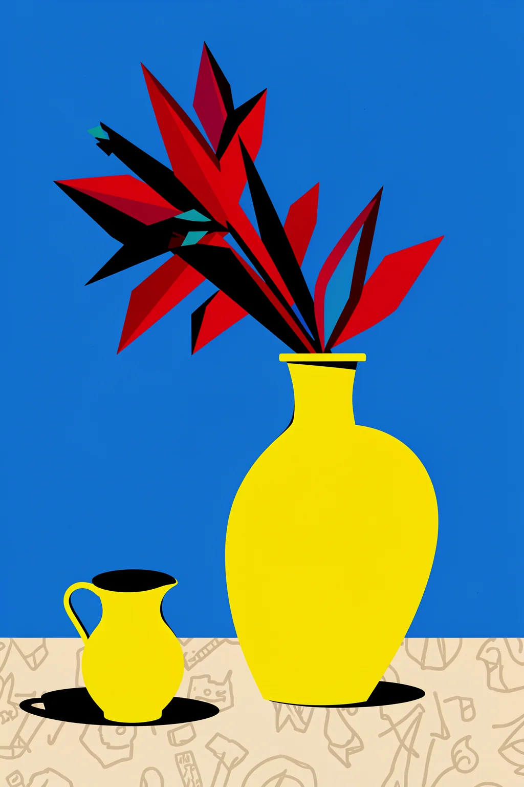 Red Flowers Yellow Vase. Angular red and black flowers rise from a large yellow vase beside a smaller jug on a patterned tabletop.