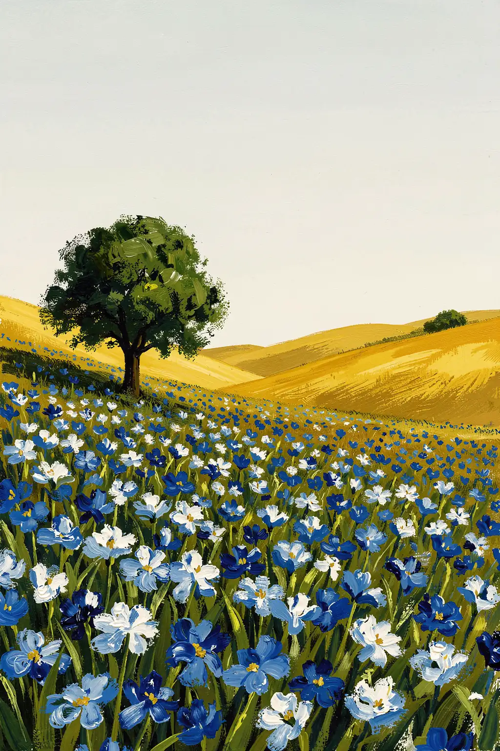Vibrant Blue Flower Field. A painted field of blue and white flowers stretches toward golden rolling hills, with a leafy tree beneath a broad pale sky.