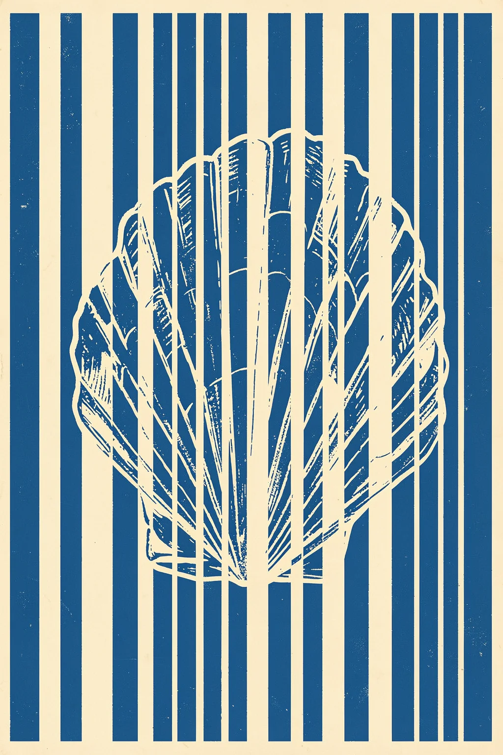 Blue Striped Seashell. A line-drawn seashell is layered over alternating dark blue and cream vertical stripes.