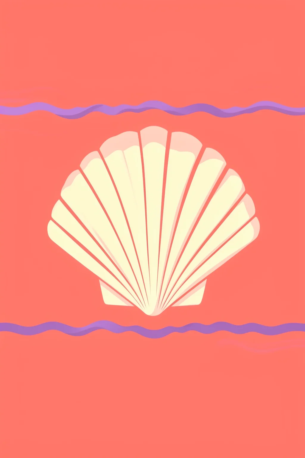 Mallorca(seashell). A large cream scallop shell is centered between two purple wavy lines on a coral-pink background.