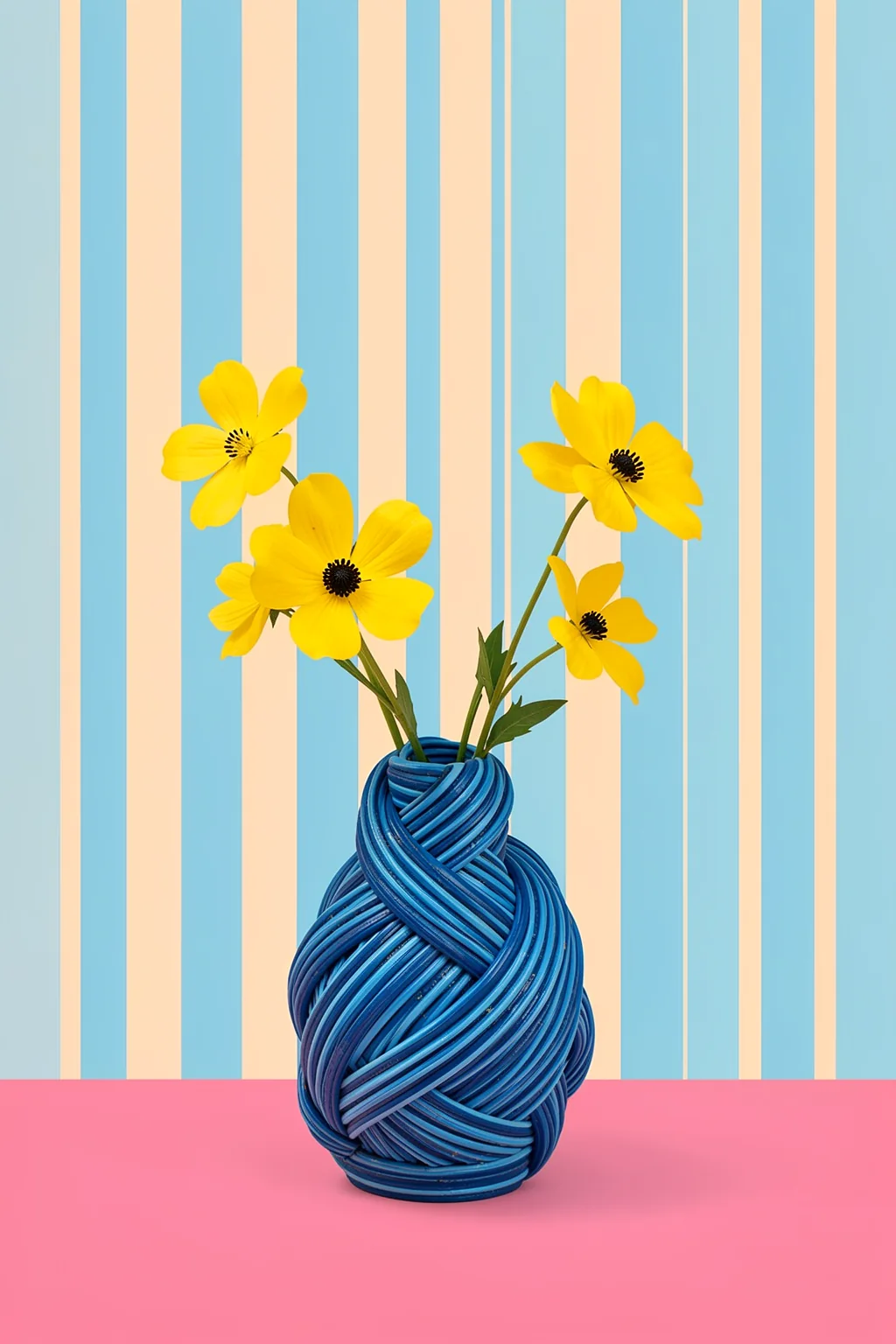 Yellow Flowers Knotted Vase. Yellow flowers rise from a sculptural, twisted dark blue vase, set against pale blue and cream stripes above a pink surface.