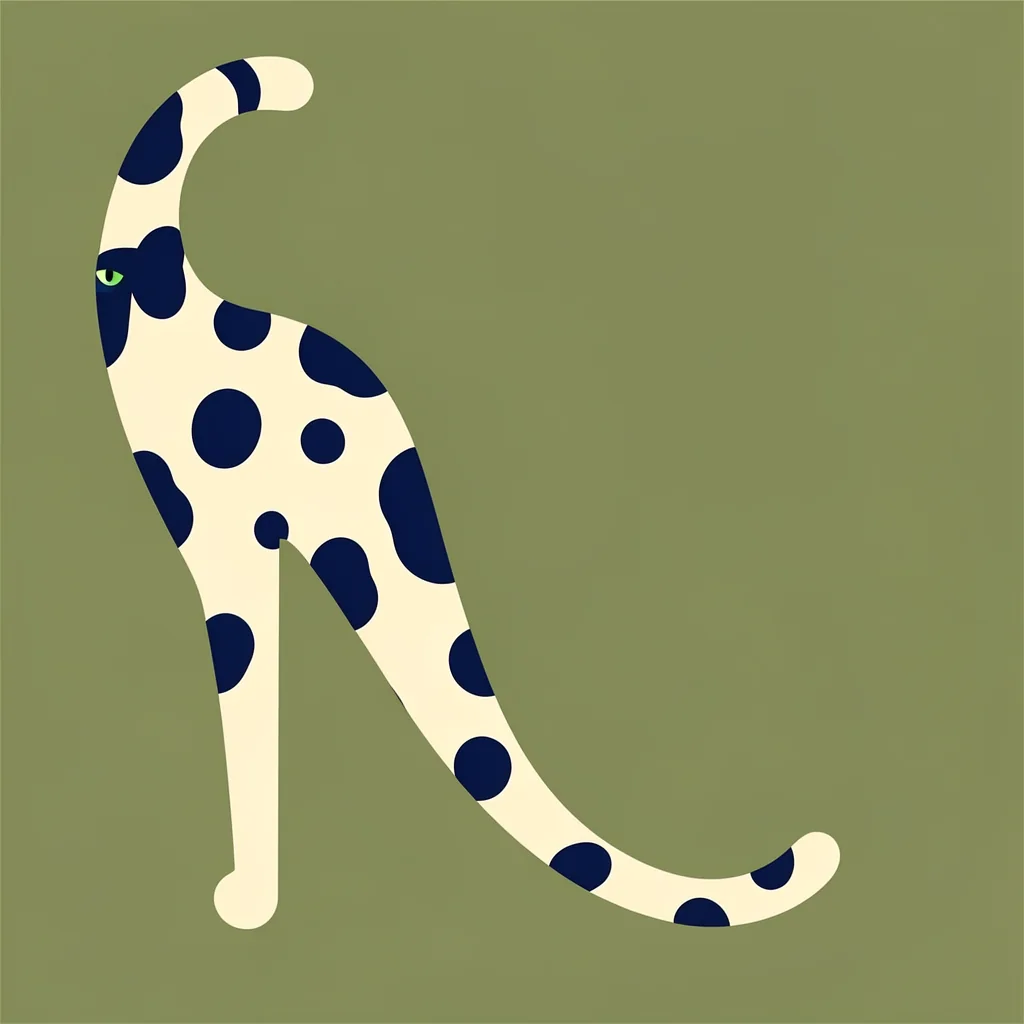 Playful Blue Spotted Cat. A cream-colored cat with large navy spots, one visible green eye, and a long curved tail stands against olive green.