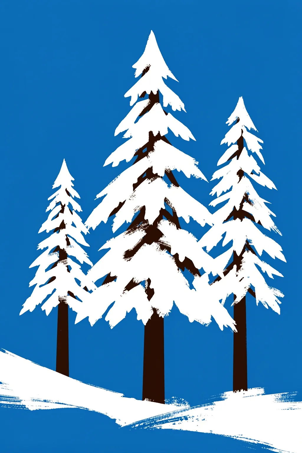 Harz Winter Trees. Three snow-covered evergreen trees stand against a vivid blue sky above a white snowbank.