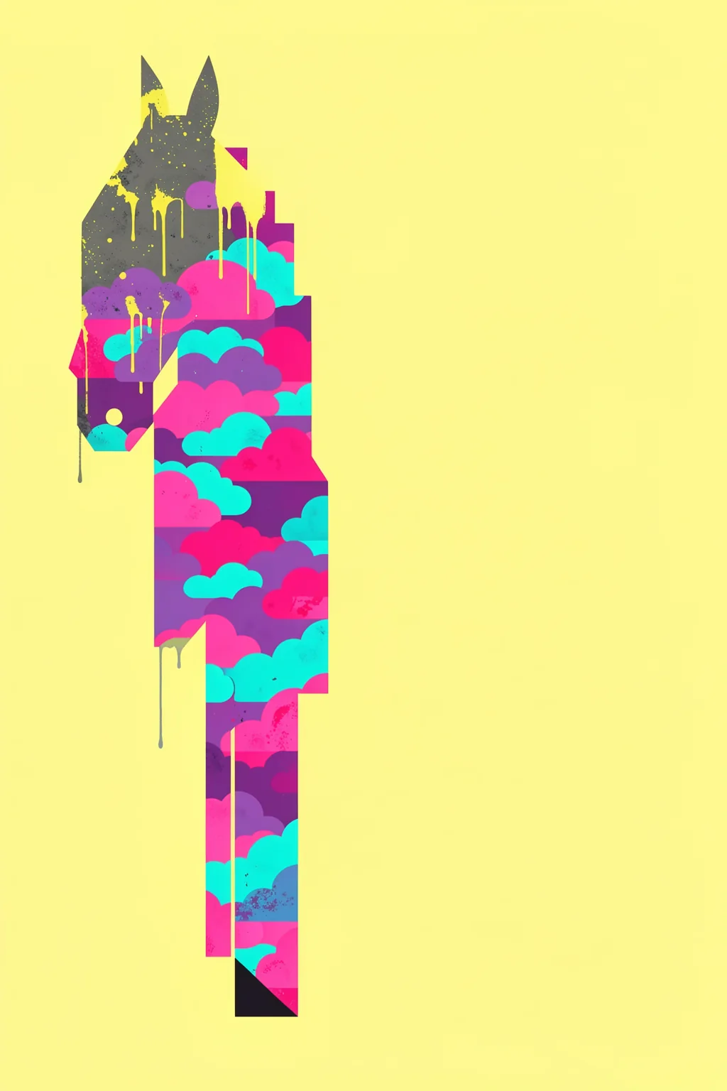 Pink Blue Graffiti Horse. A tall, fragmented horse-like silhouette filled with magenta, cyan, and purple shapes and gray paint drips stands on pale yellow.