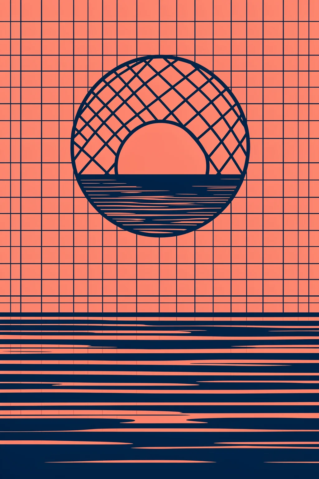 Nyc Sunset Society Blue. A dark-blue striped sunset circle sits over horizontal navy lines on a coral-pink grid background.