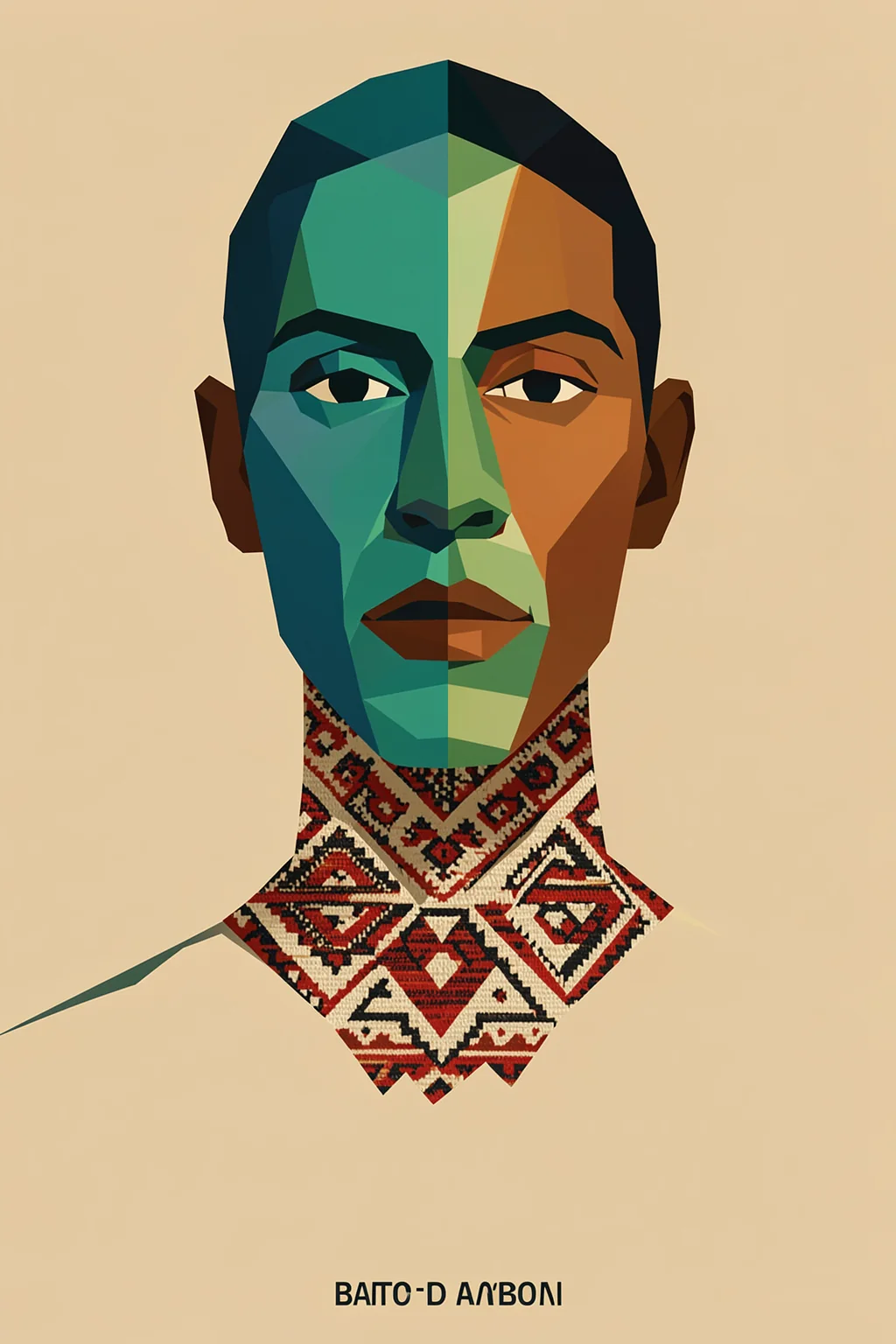 Multiple Faces Portrait. A single angular portrait in teal, green, and warm brown fills the upper half, with patterned clothing and small decorative lettering below.