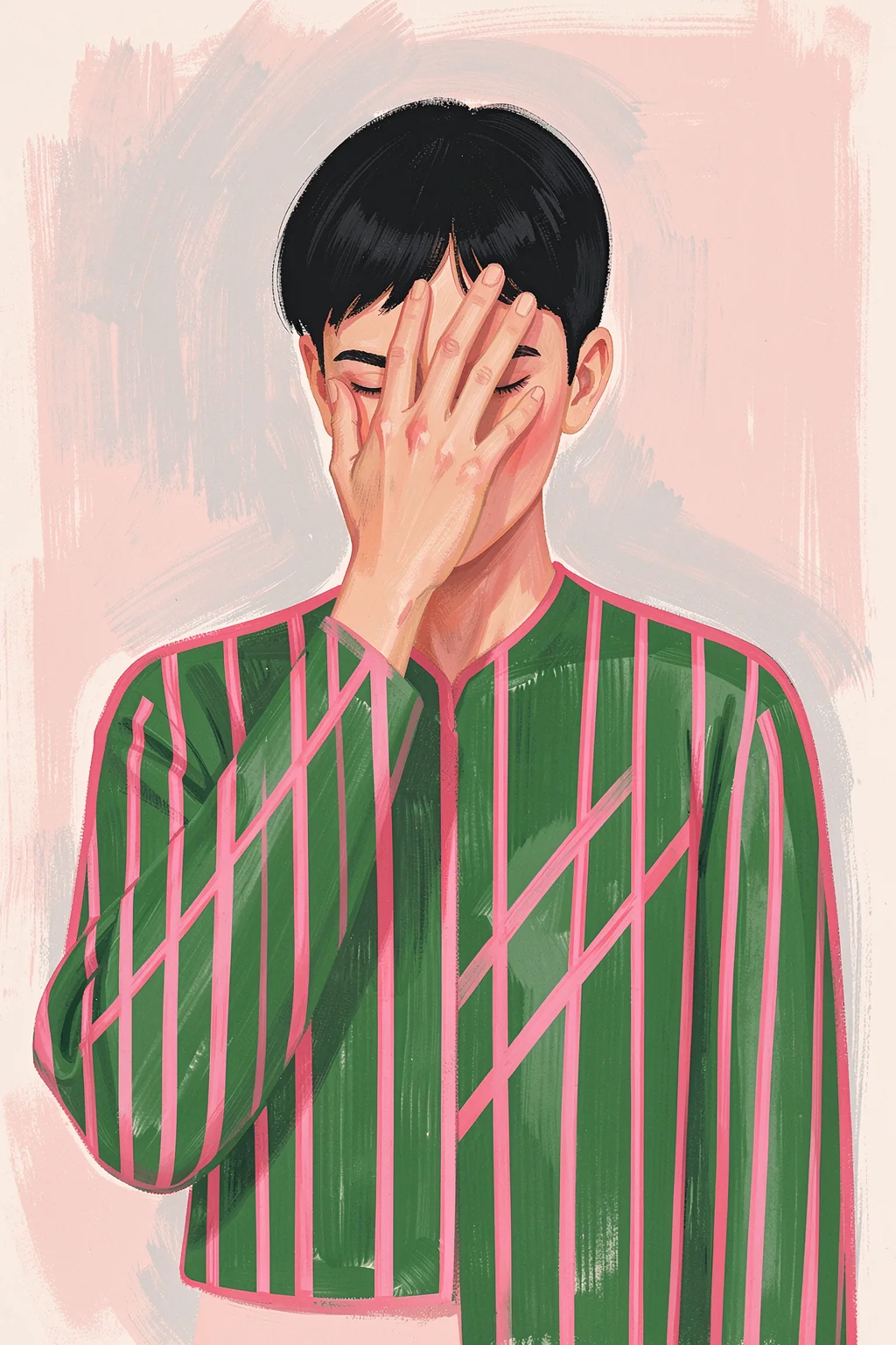 Quiet Moment Stripes. A person covers their face with one hand, wearing a dark green top with bright pink stripes against a pale pink painted field.