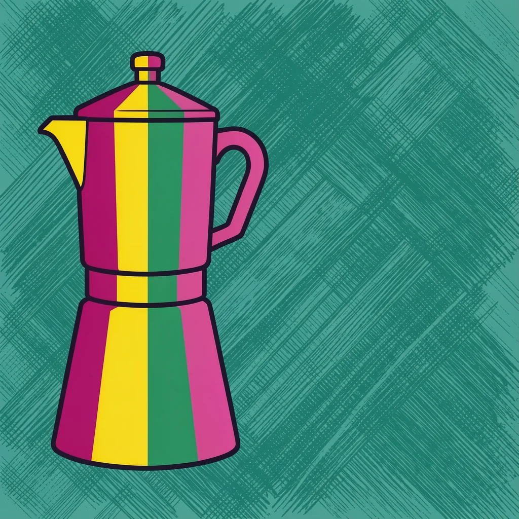 Vibrant Striped Moka. A bright pink moka pot with green and yellow panels is outlined in dark lines against a textured teal background.