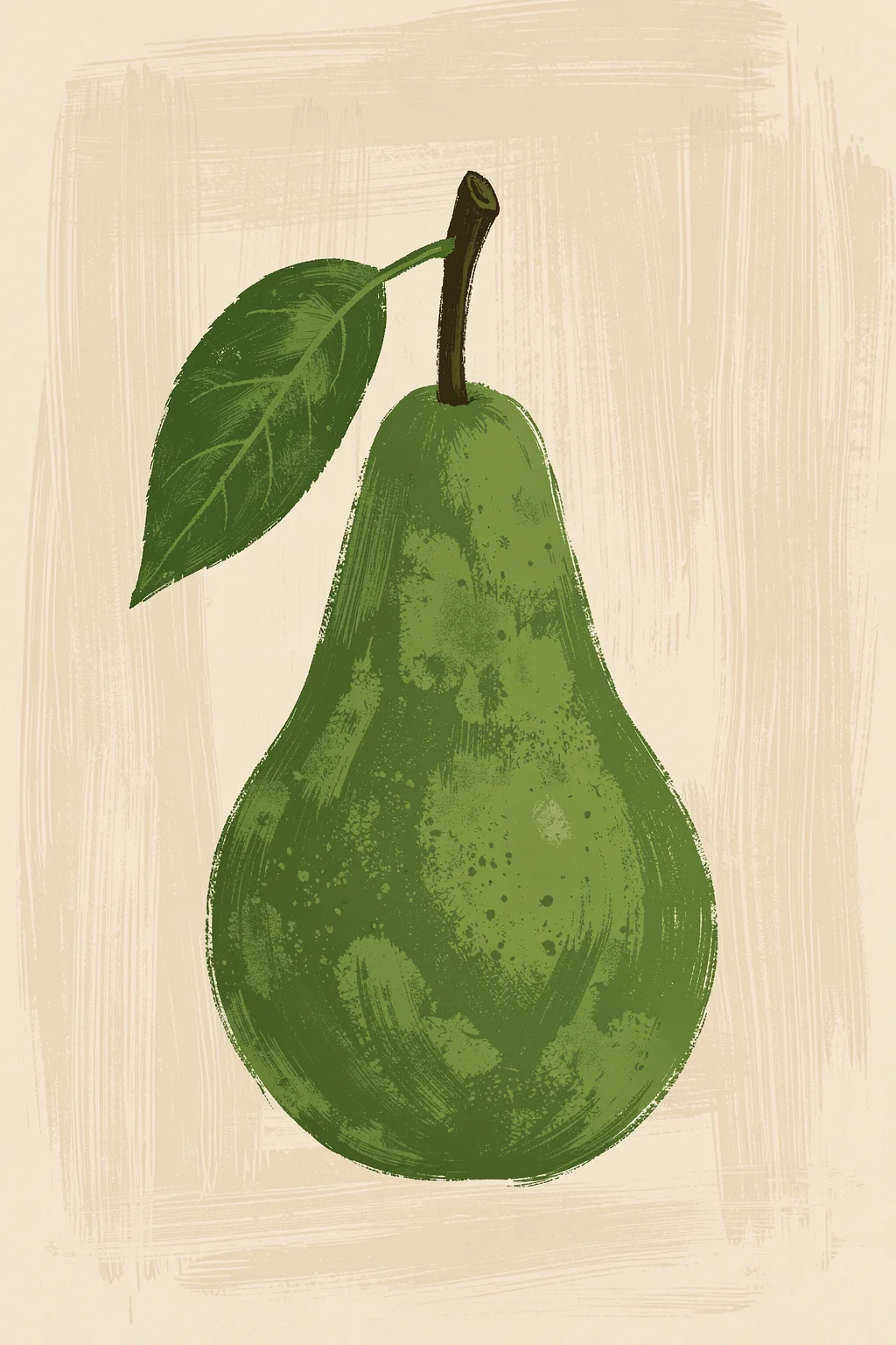 Big green pear. A large textured green pear with one dark leaf is centered on a cream ground with loose brush marks.