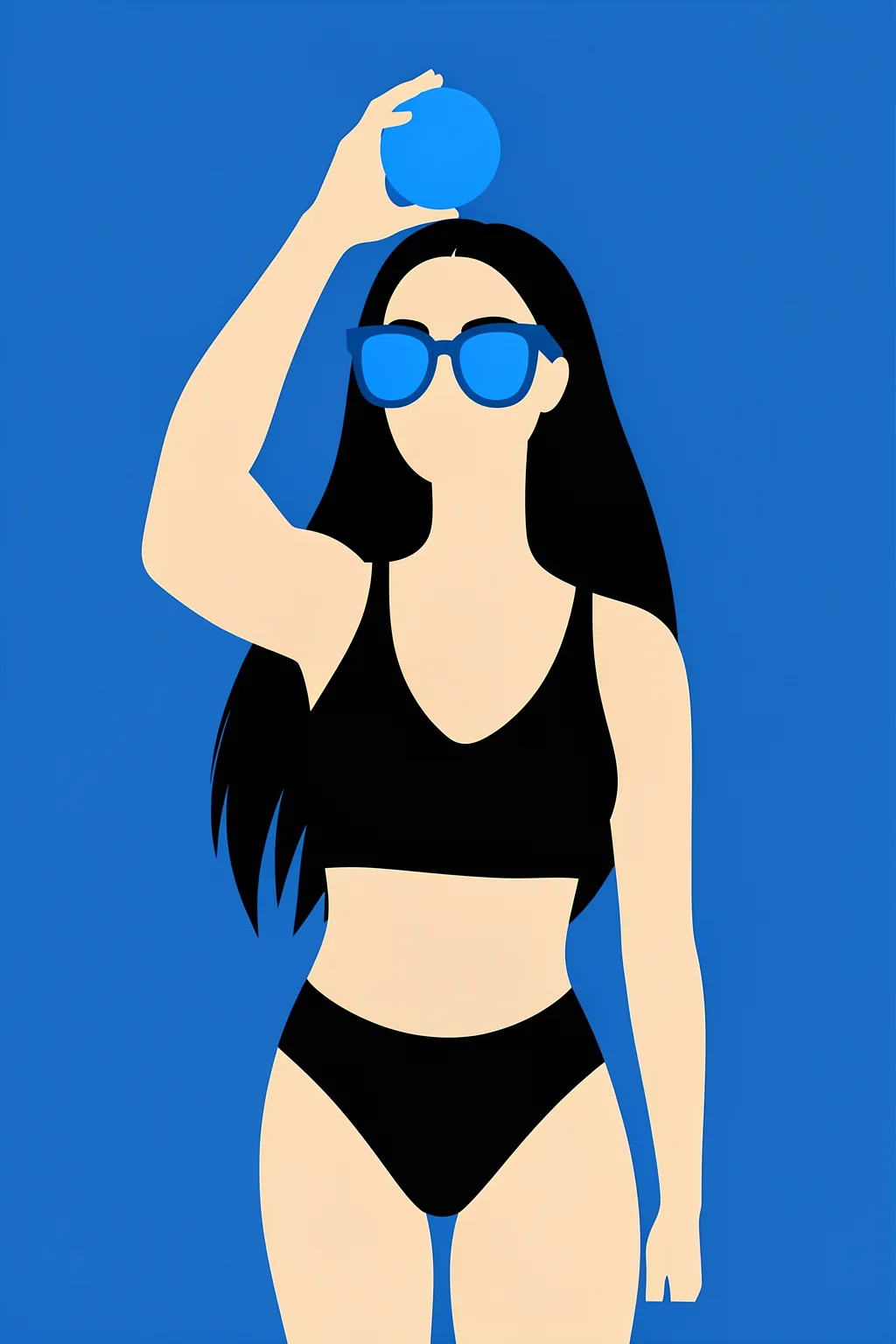 Blue Sport Girl. A stylized woman in black sunglasses and a black swimsuit raises a bright blue ball against a solid blue background.