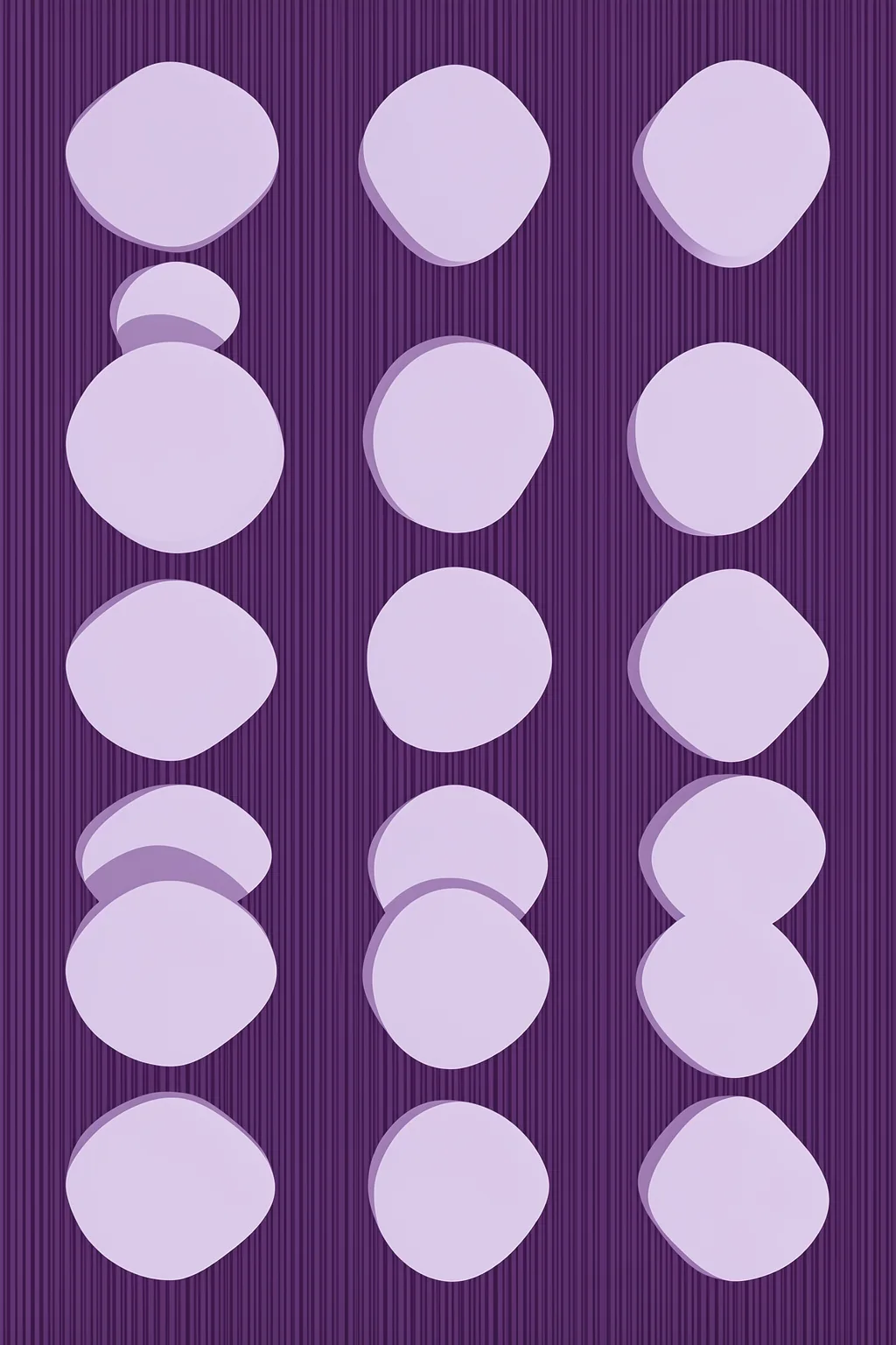 Hot Hot Hot Purple. Rows of pale lavender rounded forms repeat over a dark purple background of fine vertical stripes.