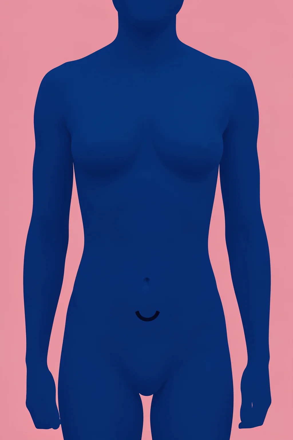 Blue Female Form. A simplified front-facing deep-blue female torso silhouette fills a muted pink field, with minimal facial detail.