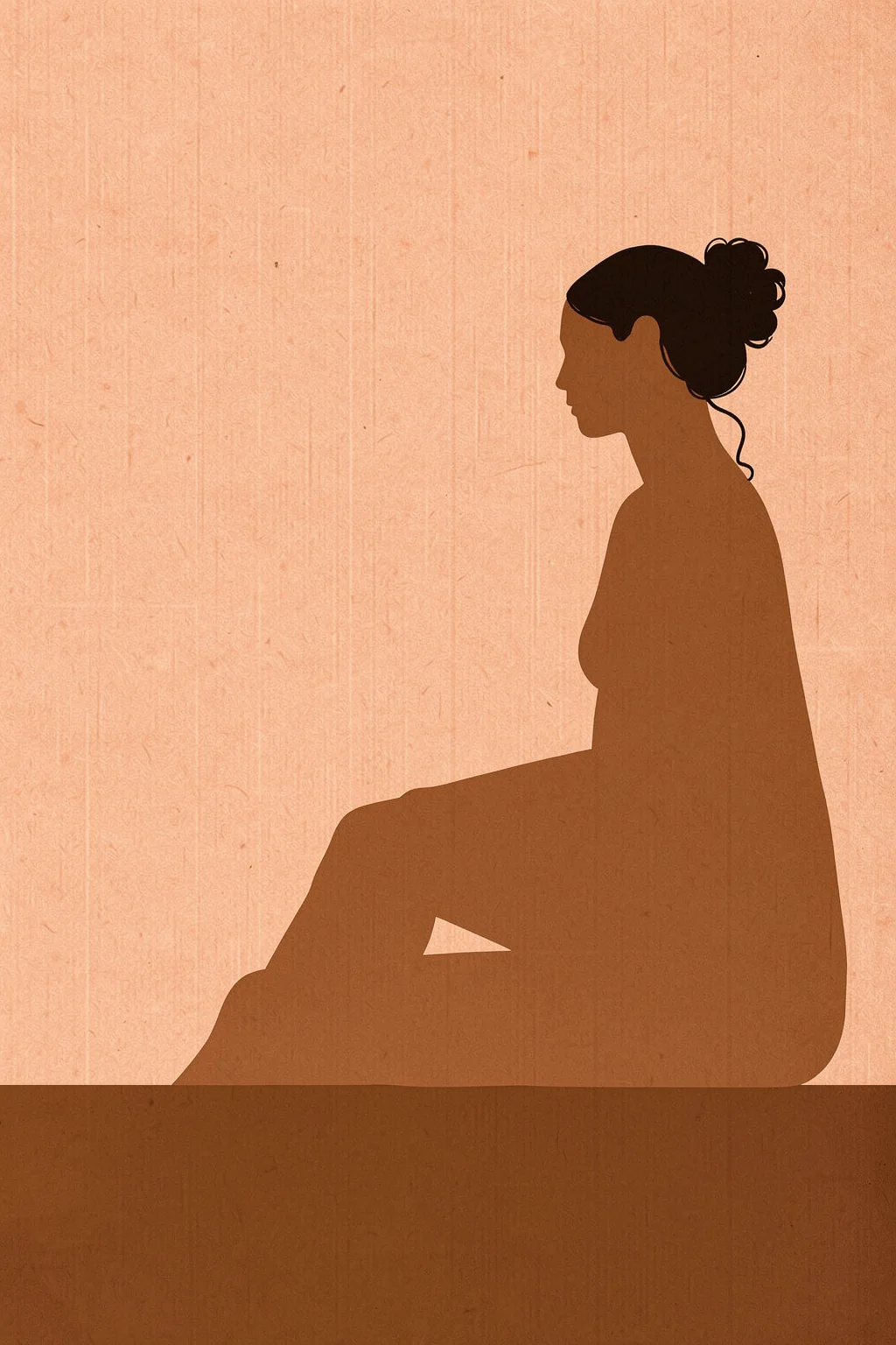 Be kind to your mind. A dark-haired seated figure in profile is silhouetted against a peach textured field above a deep brown horizontal band.