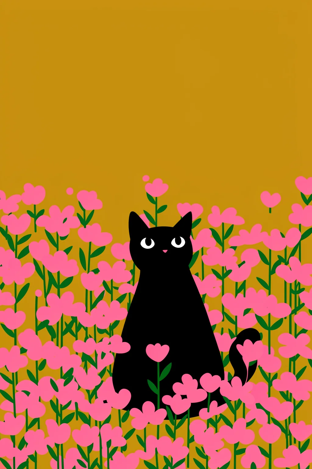 Playful Floral Cat. A black cat sits among bright pink flowers on slender green stems against a mustard-yellow background.