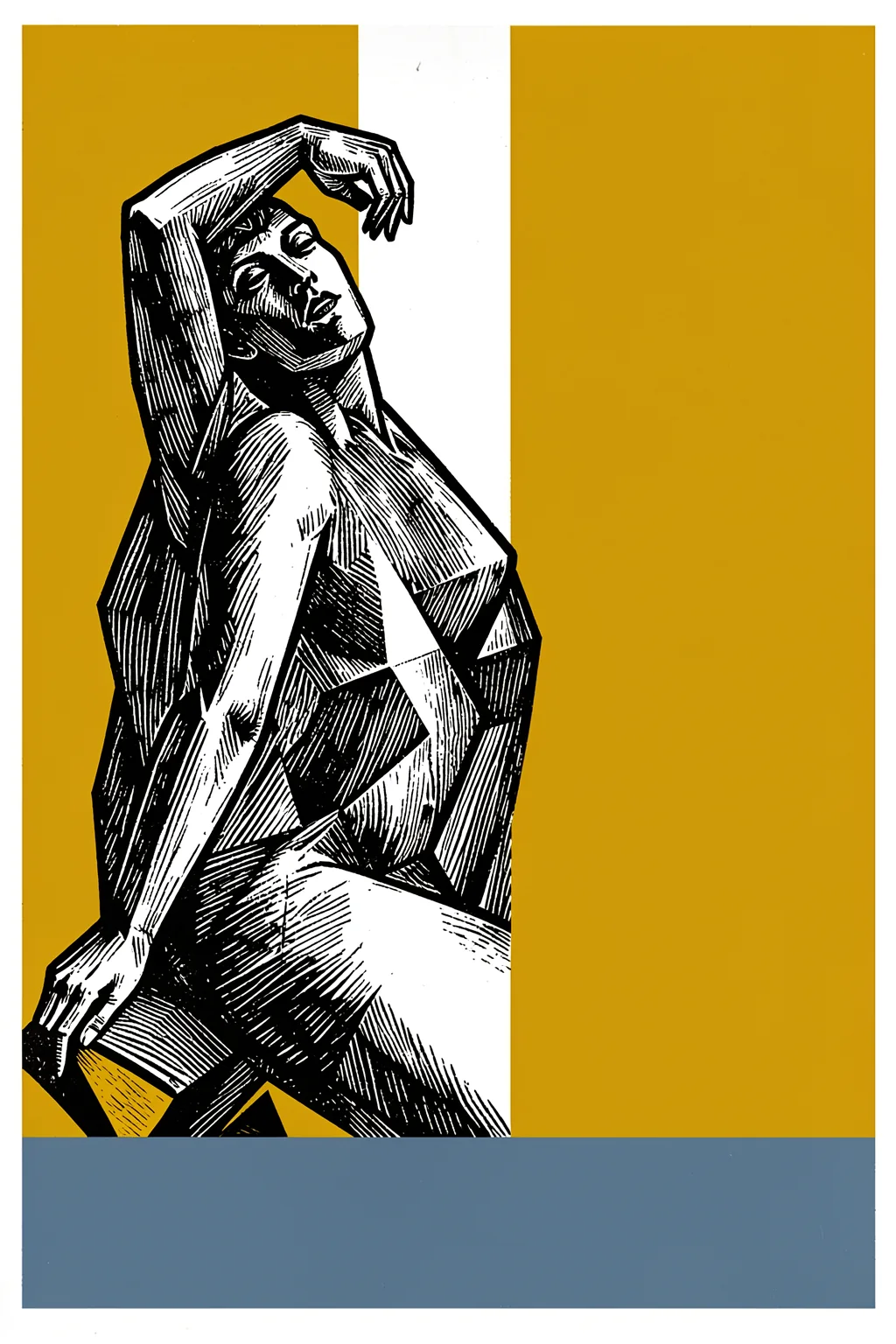 Expressive Abstract Figure. A black-and-white line drawing of a seated woman with one arm curved overhead appears between mustard panels above a blue band.