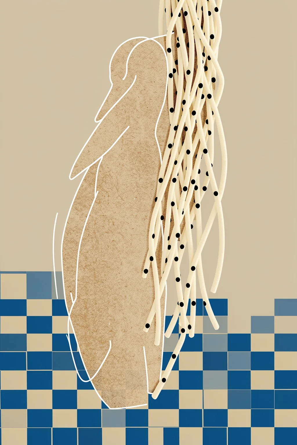 Quiet Contemplation. A pale outlined profile-like form overlaps cream vertical strands and black dots above a blue-and-cream checkerboard band.