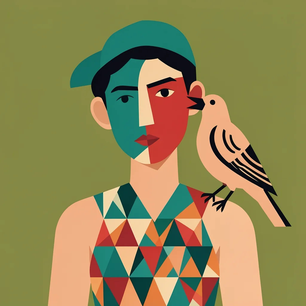 Abstract Woman and Bird. A geometric portrait in teal, red, and cream is paired with a pale bird perched beside the figure against olive green.