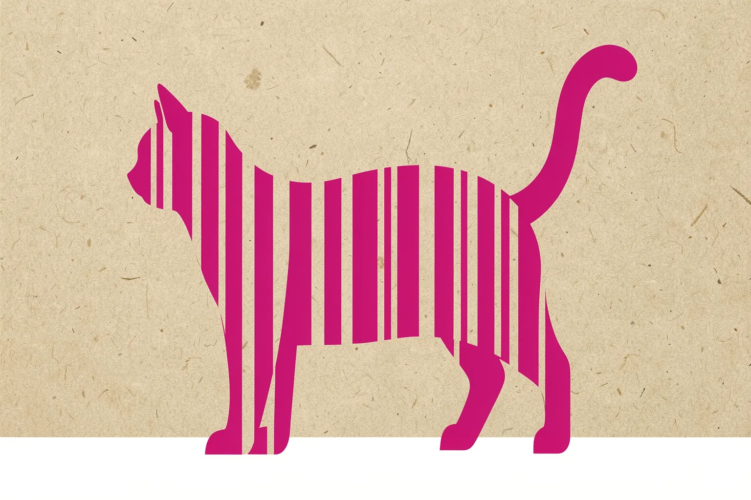 Whimsical Pink Cat. A large magenta cat silhouette, its body divided into irregular vertical bands, stands on a textured tan background.