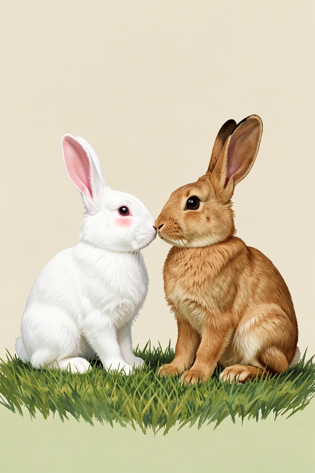 Spring Bunny Friends. A white rabbit and a brown rabbit touch noses while sitting on a patch of green grass against cream.