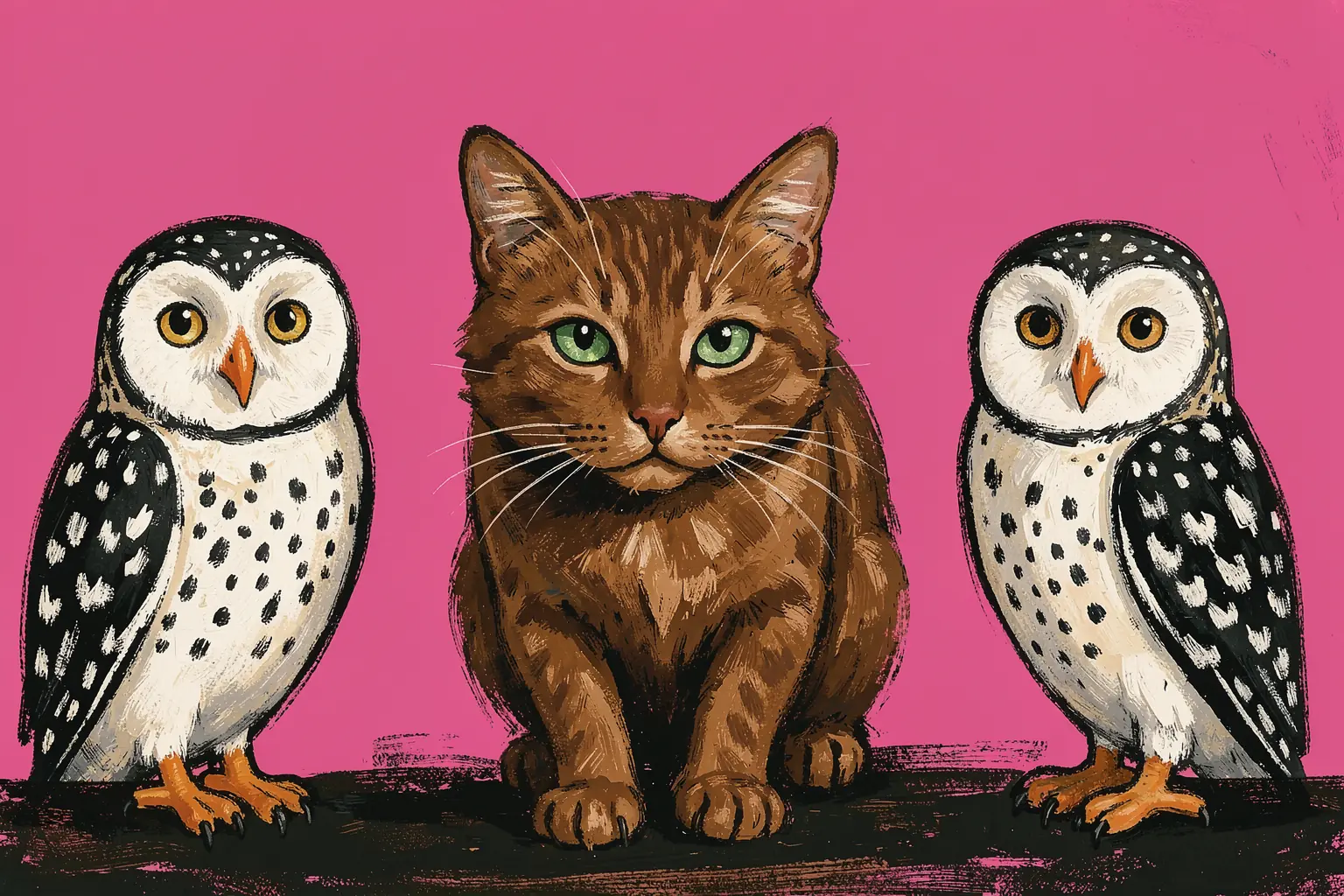 Whimsical Cat With Owls. A brown cat sits between two black-and-white owls against a vivid pink background.