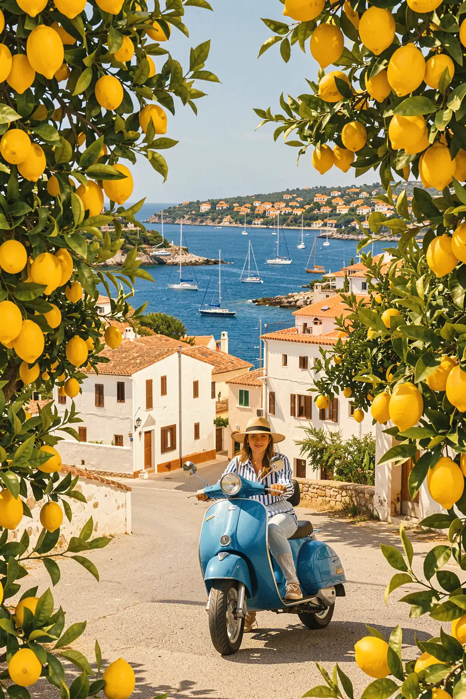 Travel poster woman on the Amalfi coast, Italy. A woman rides a blue scooter along a coastal village street framed by lemon branches, with boats on the water beyond.