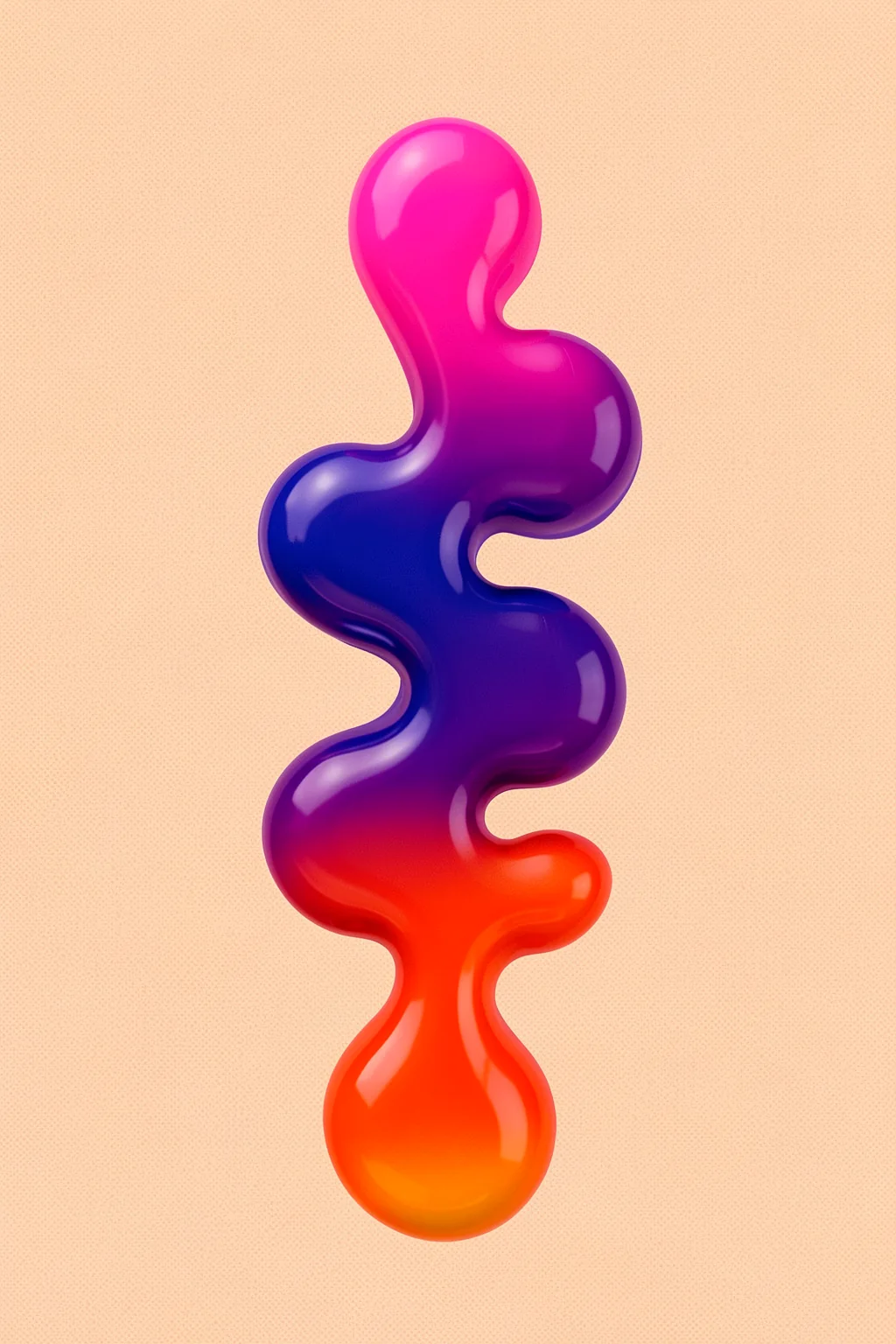 Vibrant Optimism Flow. A glossy vertical wavy form fades from hot pink through purple and blue to orange against pale peach.