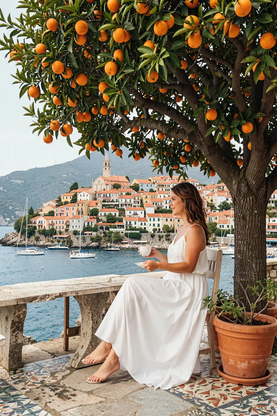 Travel poster woman in Mediterranean coast. A seated woman in a white dress rests beneath an orange tree beside a blue sea and hillside village.