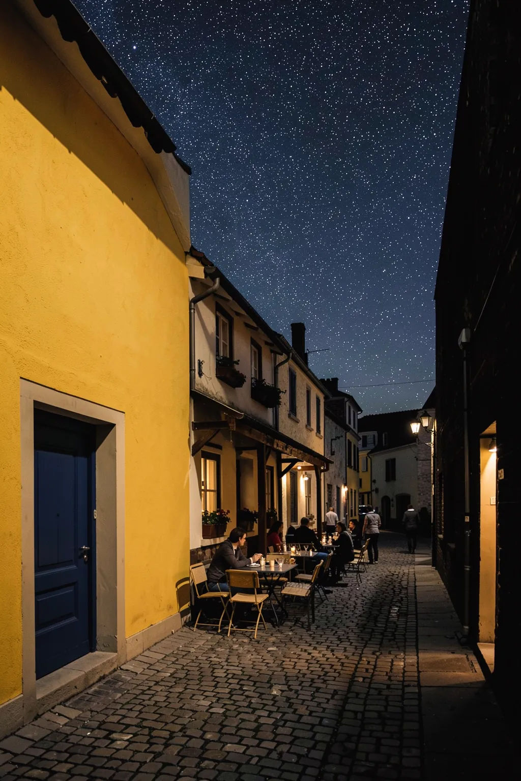 Café Terrace At Night. A warmly lit café terrace lines a cobblestone street beneath a star-filled night sky, between tall dark buildings.