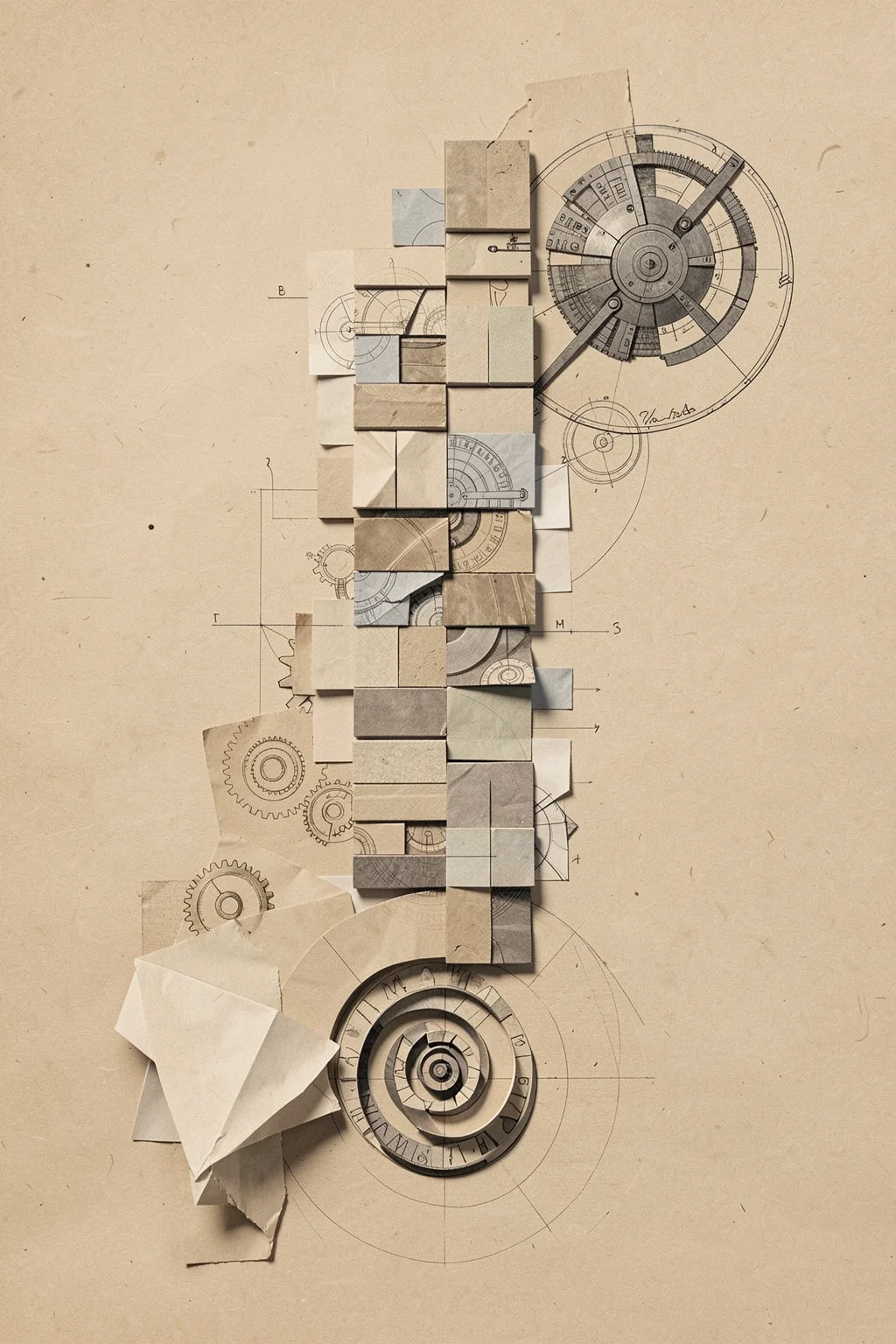 Vintage Geometric Study. A sepia-toned collage of stacked geometric paper forms, technical circular diagrams and gear sketches sits on aged beige paper.