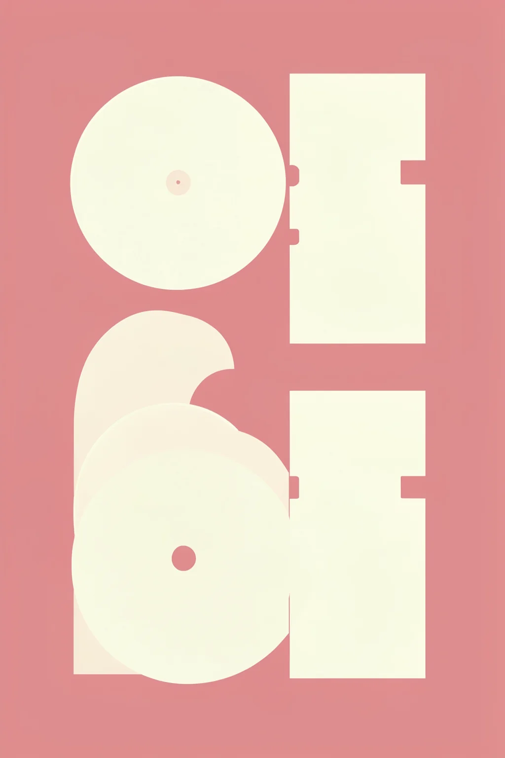 Bold Minimalism. Large cream circles and rectangular forms overlap on a dusty rose background in a minimal geometric composition.