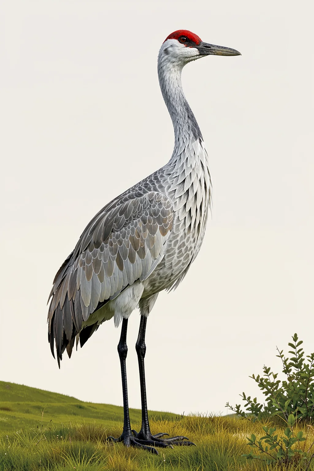 Hooping Crane From Birds of America (1827). A tall grey crane with a red crown stands in green grass on a pale background.