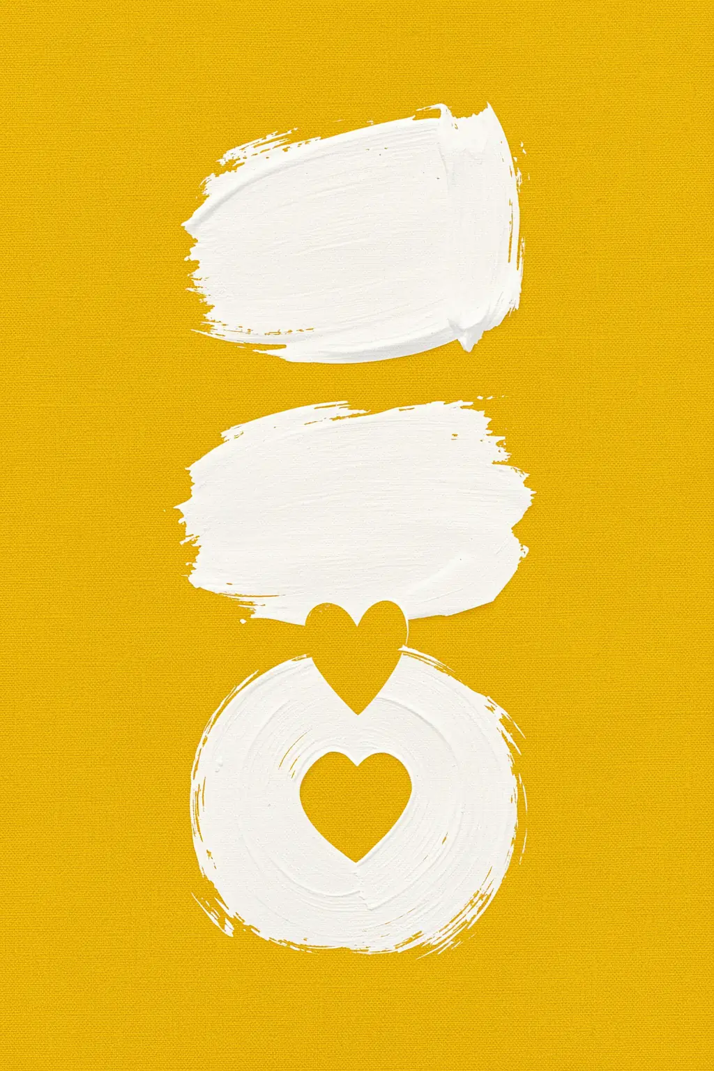 More Amor Por Favor. White brushstroke bars and heart motifs form a simple graphic on a mustard-yellow textured ground.