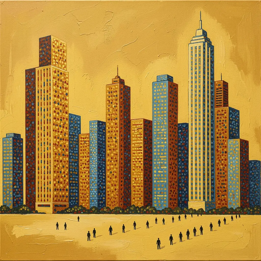Golden City Life. A row of tall golden and blue city buildings overlooks small walking figures across a textured ochre plaza.