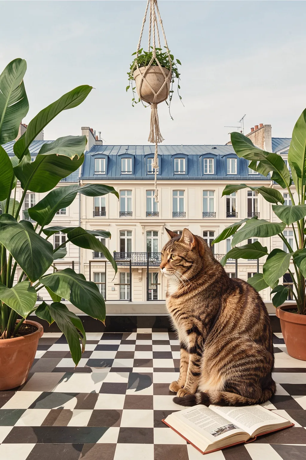 Antique Parisian Book Store Cat. A tabby cat sits with an open book on a checkerboard terrace, surrounded by potted plants and Parisian rooftops.