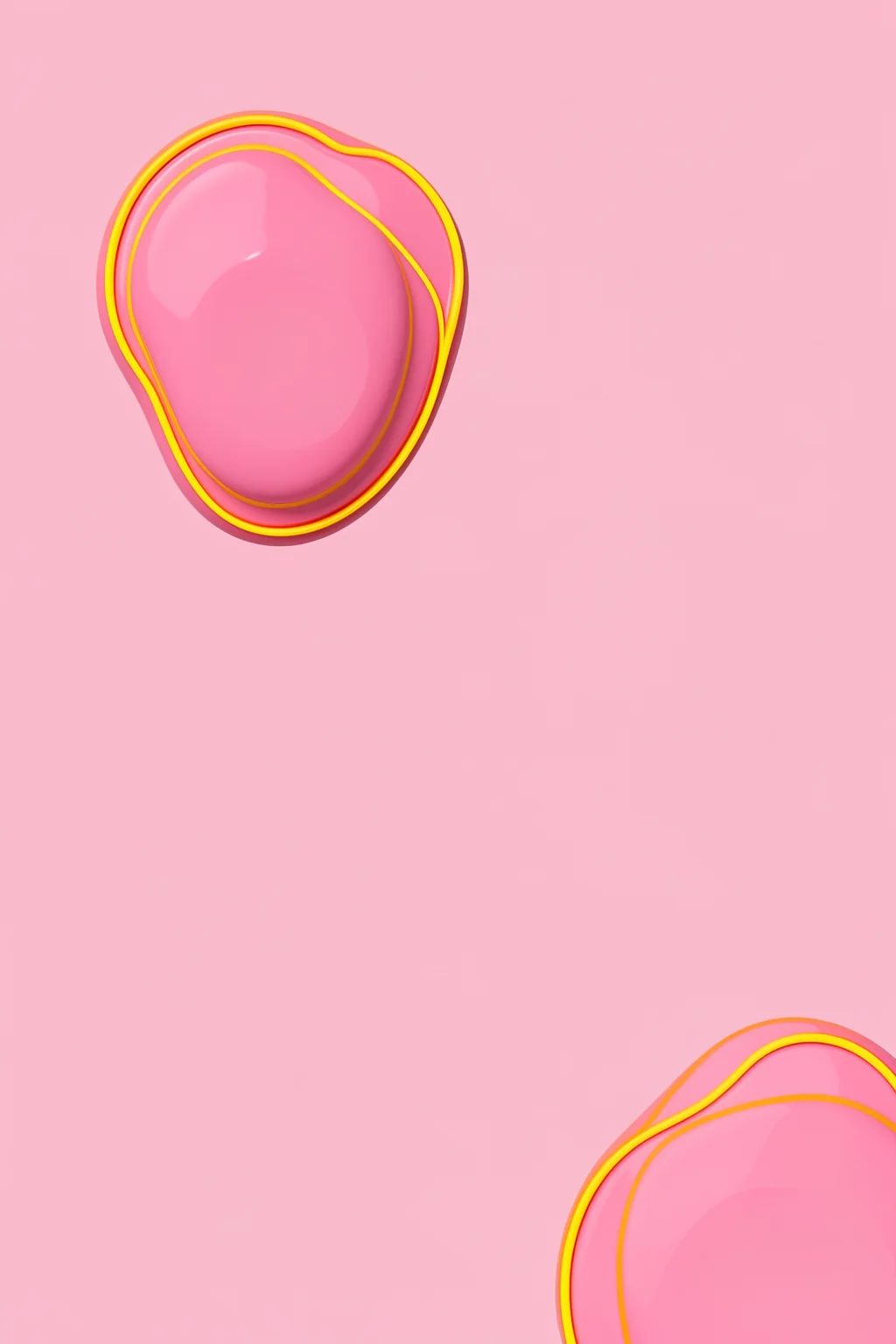 Good lookin. Two glossy, rounded pink forms outlined in yellow sit apart on a soft pink background.