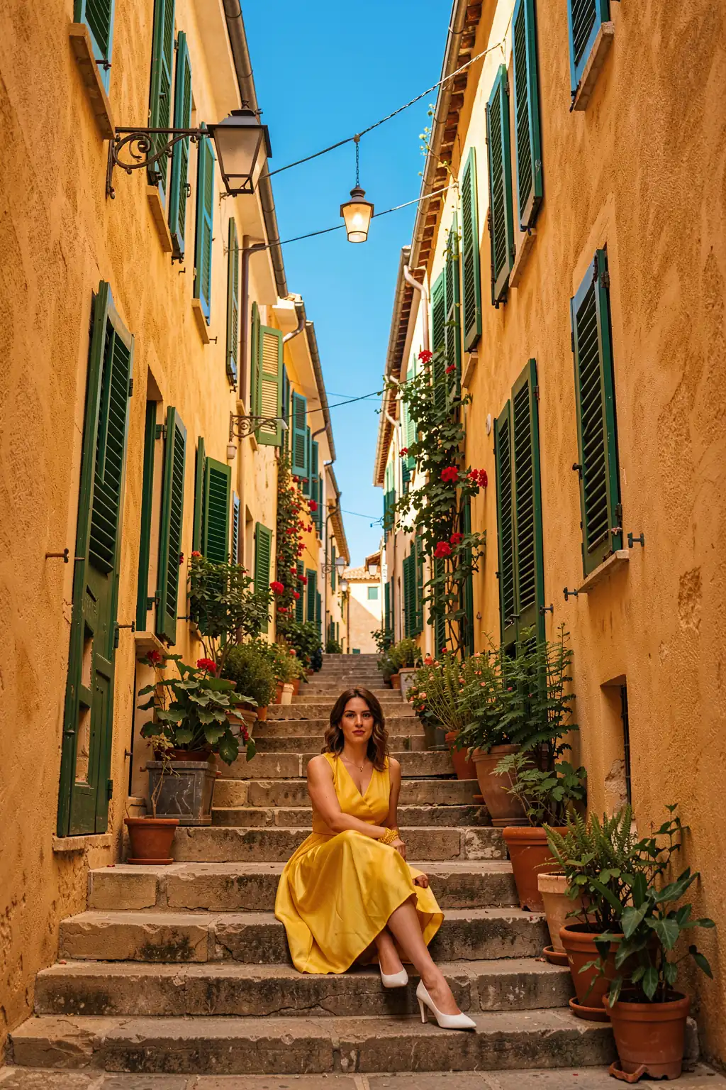 Mallorca Island. A woman in a yellow dress sits on stone steps between warm ochre buildings, potted flowers and green shutters.