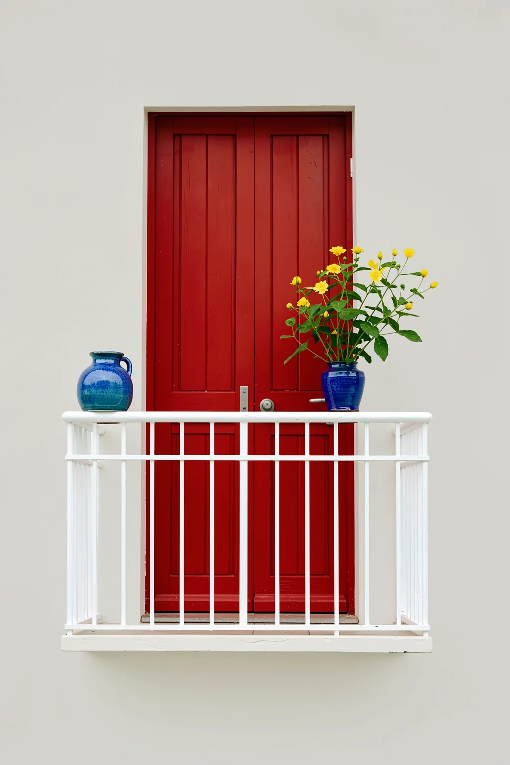 Red Door Balcony. A red door opens onto a small white-railed balcony, with blue vases and a leafy flowering plant against a pale wall.