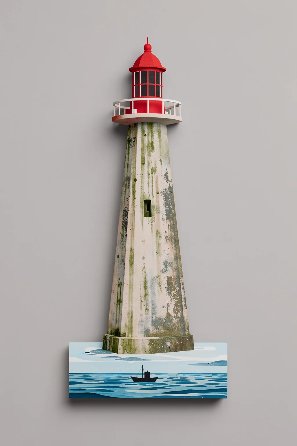 Calm Lighthouse Watercolor. A weathered gray-olive lighthouse with a red lantern roof stands above a small panel of sea and ship.
