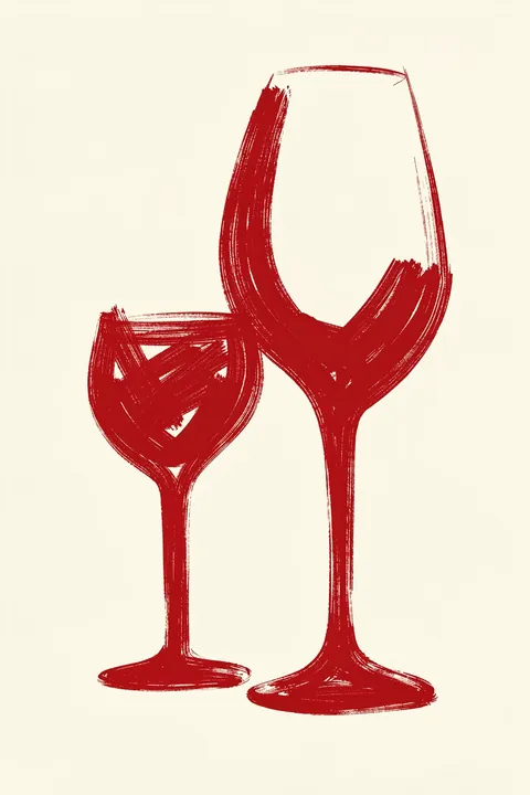 Burgundy Glassware Pair. Two wine glasses are outlined in loose, textured burgundy strokes on a warm ivory background, with the smaller glass set in front of the taller one.