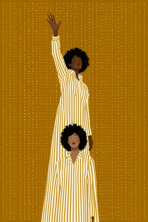 Loving Embrace. Two women in long striped garments stand one behind the other against a dotted ochre field; the figure behind raises one arm overhead.