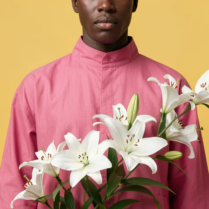 Pink Lily Portrait. A cropped portrait shows a person in a bright pink shirt holding white lilies against a flat golden-yellow background.