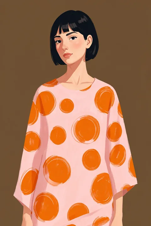 Polka Dot Fashion Portrait. A woman with a short dark bob wears a pale pink dress covered in large orange circles, standing against a muted brown background.
