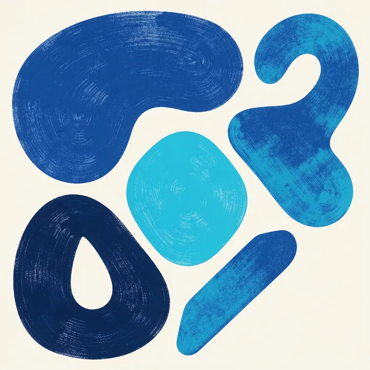 Abstract 22 3. Irregular blue and cyan brush-textured forms are scattered across an ivory field, including loops, rounded shapes and a small circular opening.