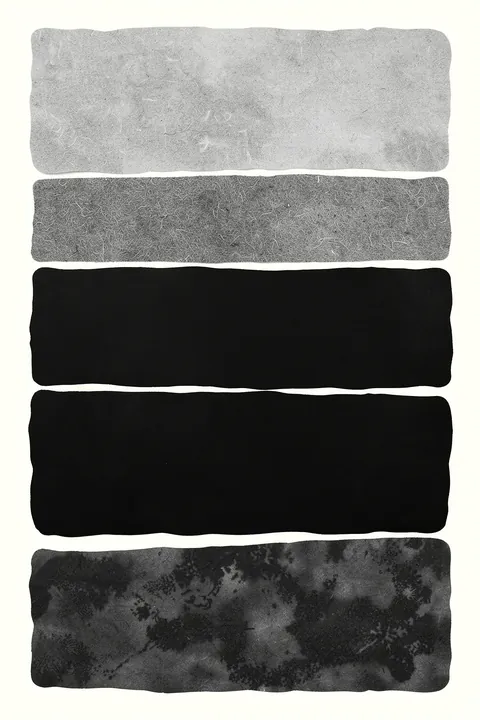 Abstract Black Gray Layers. Five broad horizontal paint swatches—gray, black and mottled charcoal—are stacked vertically on a white background.