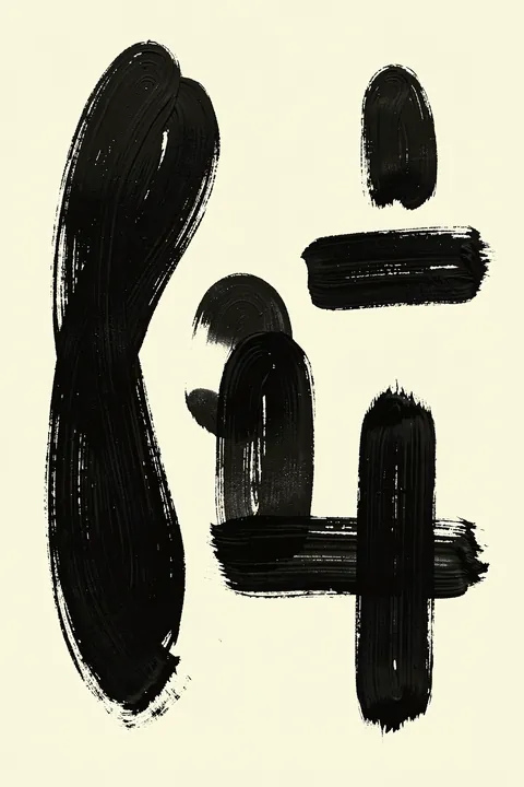 Abstract Black Shapes. Heavy black brush marks form an open, loosely letter-like arrangement on a pale cream background.