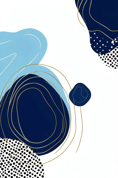 Abstract Blue Elegance. Navy and pale blue organic forms, fine gold arcs and dotted fields overlap across a light background in a layered abstract composition.