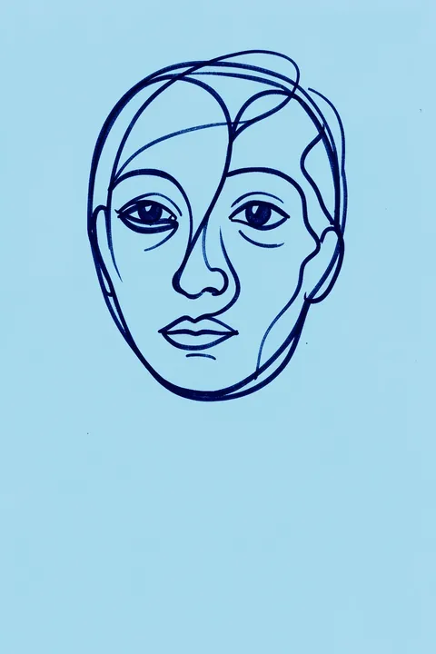Abstract Blue Face. A continuous dark-blue line sketches a forward-facing face against a flat pale-blue ground.
