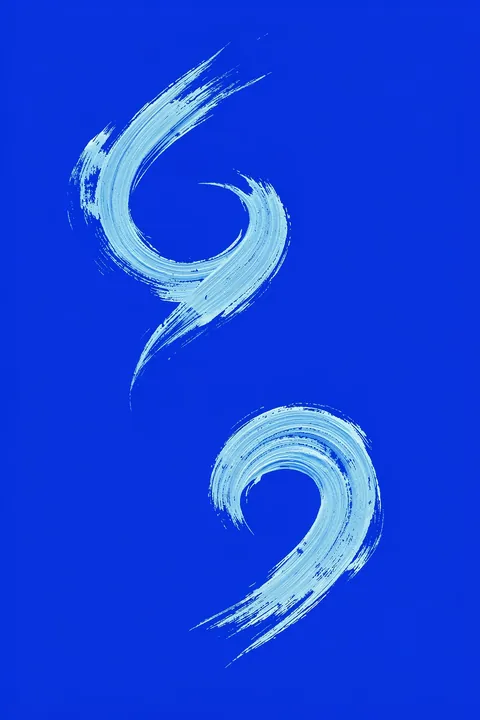 Abstract Blue Flow. Two pale-blue spiral brushstrokes float separately on a vivid cobalt-blue background.