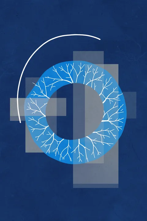 Abstract Blue Forms. A bright branching blue ring surrounds a gray center, layered over translucent rectangles and thin circular lines on a dark navy background.