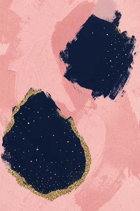 Abstract Blue Gold Blush. Two irregular navy shapes with tiny gold speckles sit on a textured blush-pink field with soft sweeping marks.